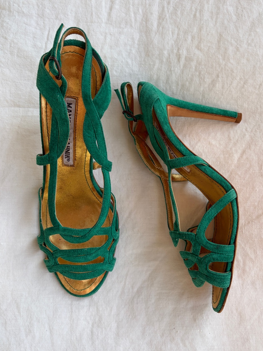 Vintage Manolo Blahnik Suede Strappy Loop Open Toe Heels Emerald Green